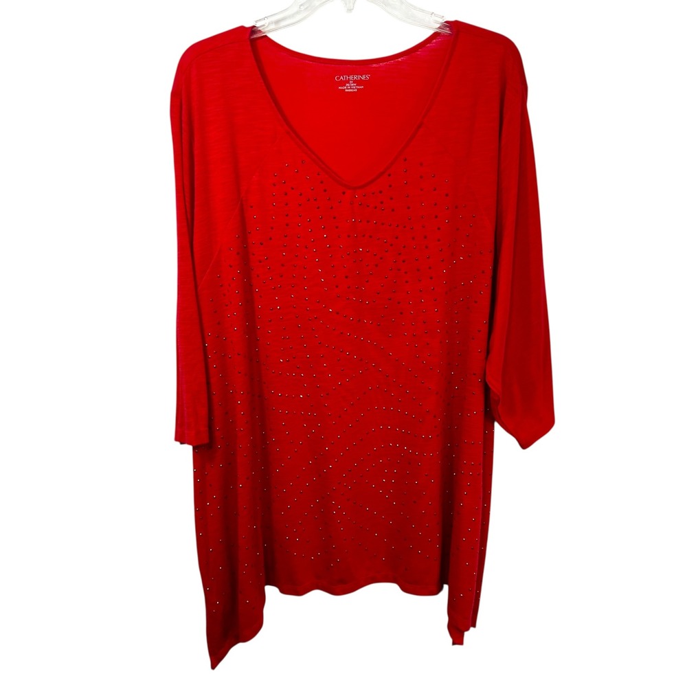 Catherines Plus Size 3X Top 26/28W Red Rhinestone Studded Holiday‎ Western 1830